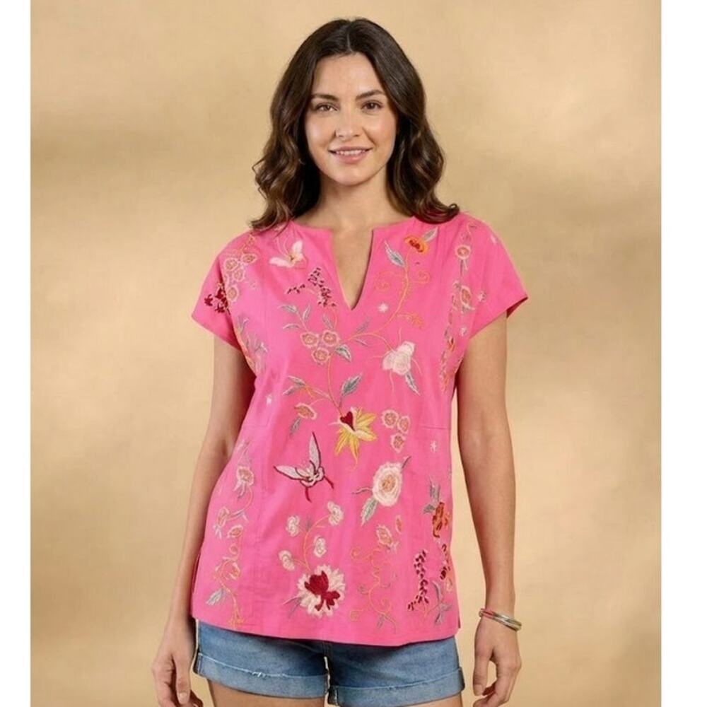 Johnny Was Pink Floral Embroidered V-Neck Blouse